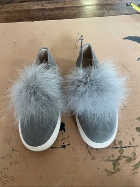 Steve Madden Gray Suede Slip-On Sneakers with Gray Fur Pom